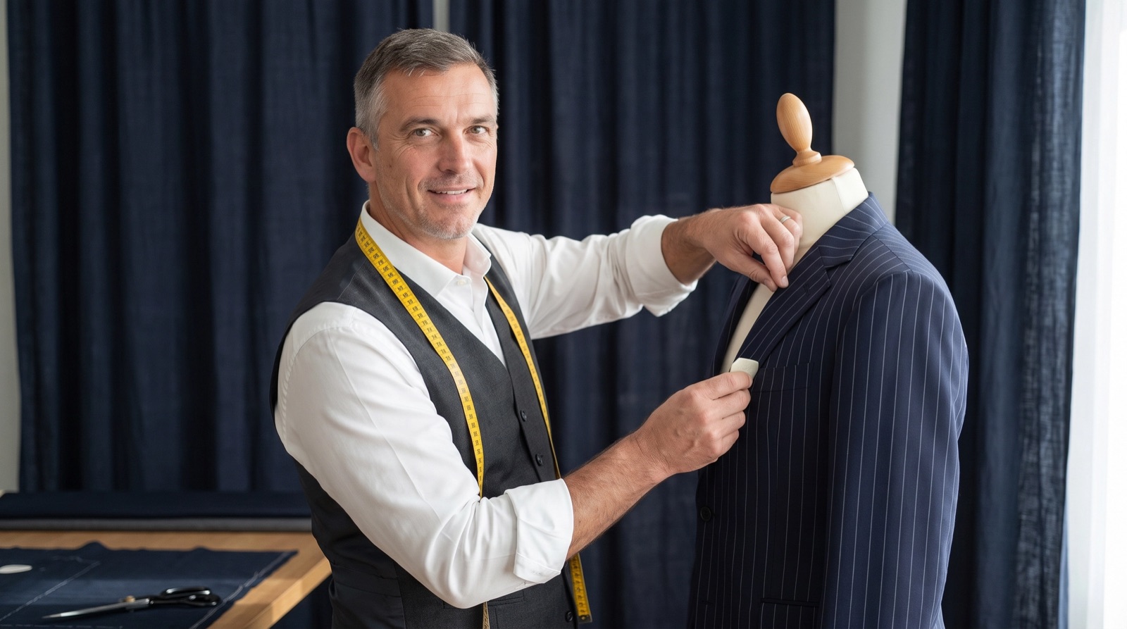Odoo Tailor marking the lapel of a navy jacket with chalk in his workshop, a measuring tape around his neck